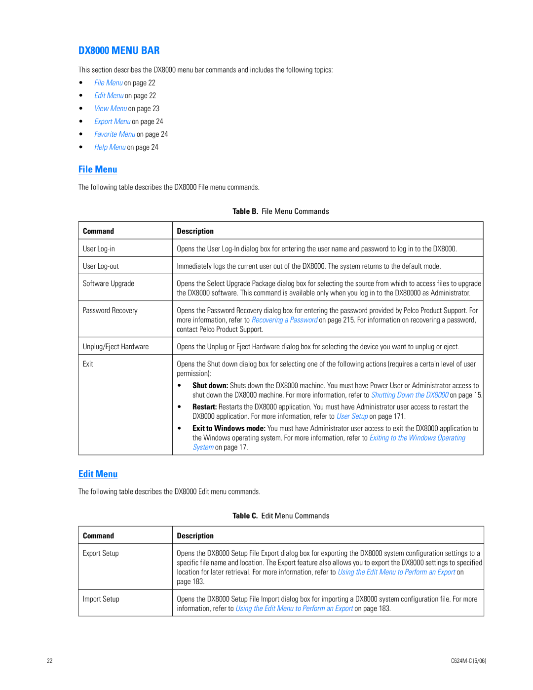 Pelco C624M-C (5/06) manual DX8000 Menu BAR, File Menu, Edit Menu, Command Description 
