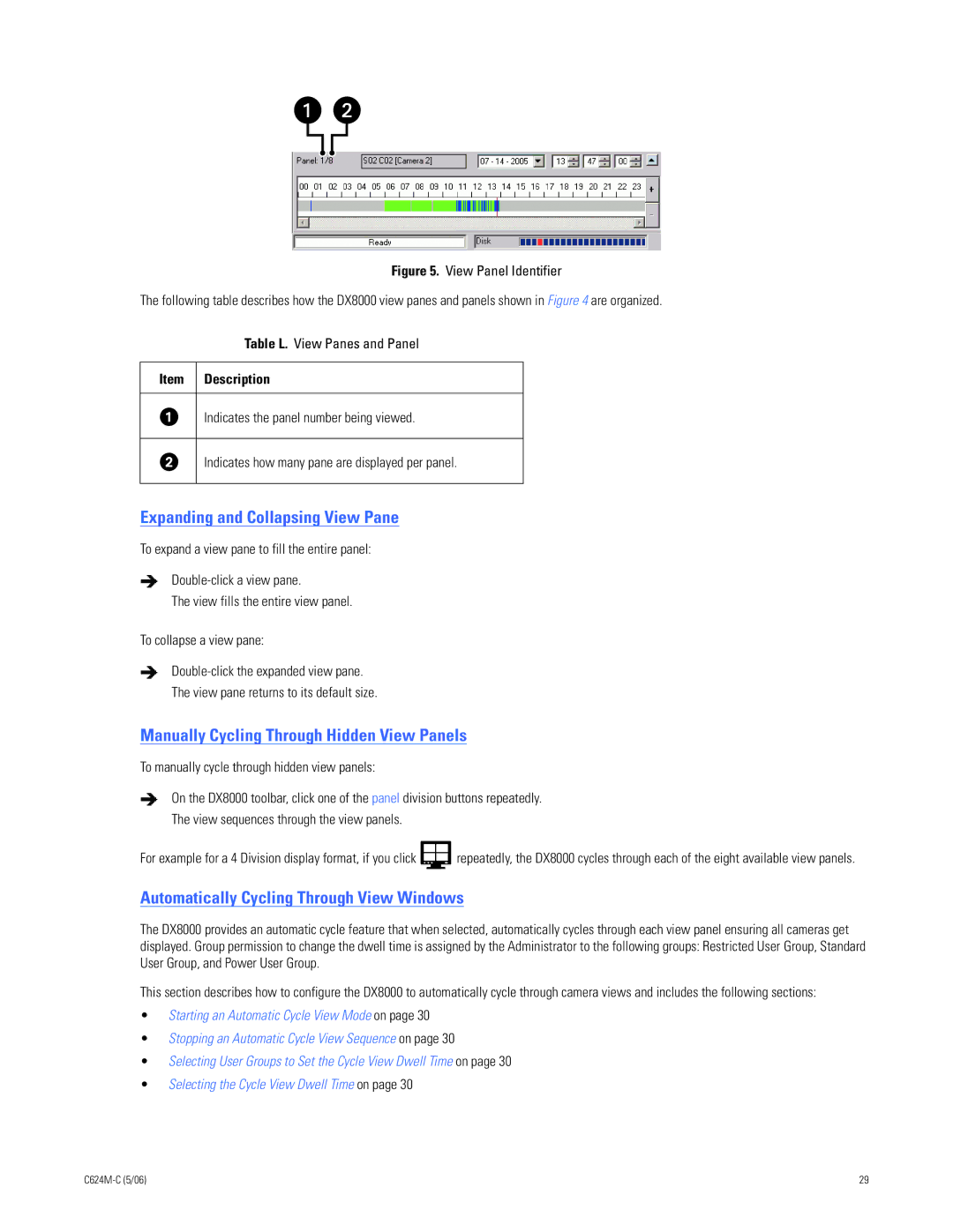 Pelco C624M-C (5/06) manual Expanding and Collapsing View Pane, Manually Cycling Through Hidden View Panels 