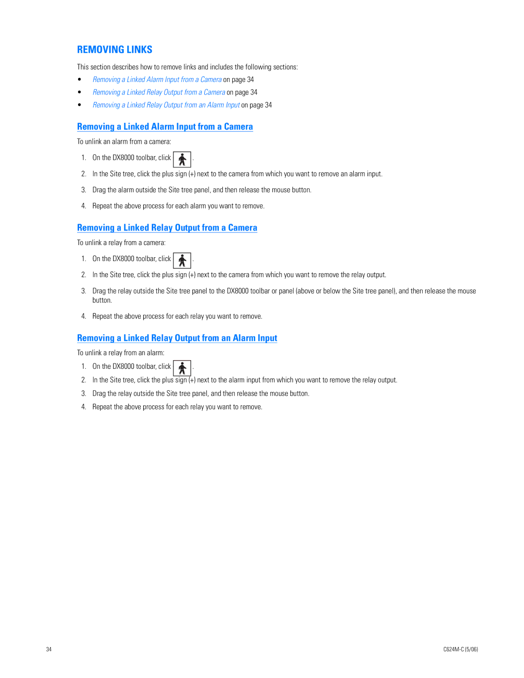 Pelco C624M-C (5/06) manual Removing Links, Removing a Linked Alarm Input from a Camera 