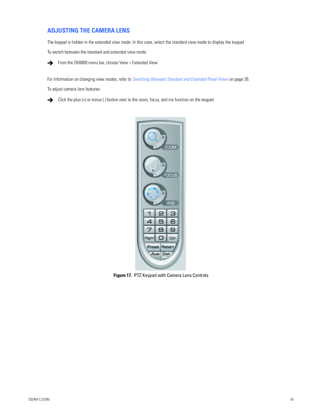 Pelco C624M-C (5/06) manual Adjusting the Camera Lens, PTZ Keypad with Camera Lens Controls 