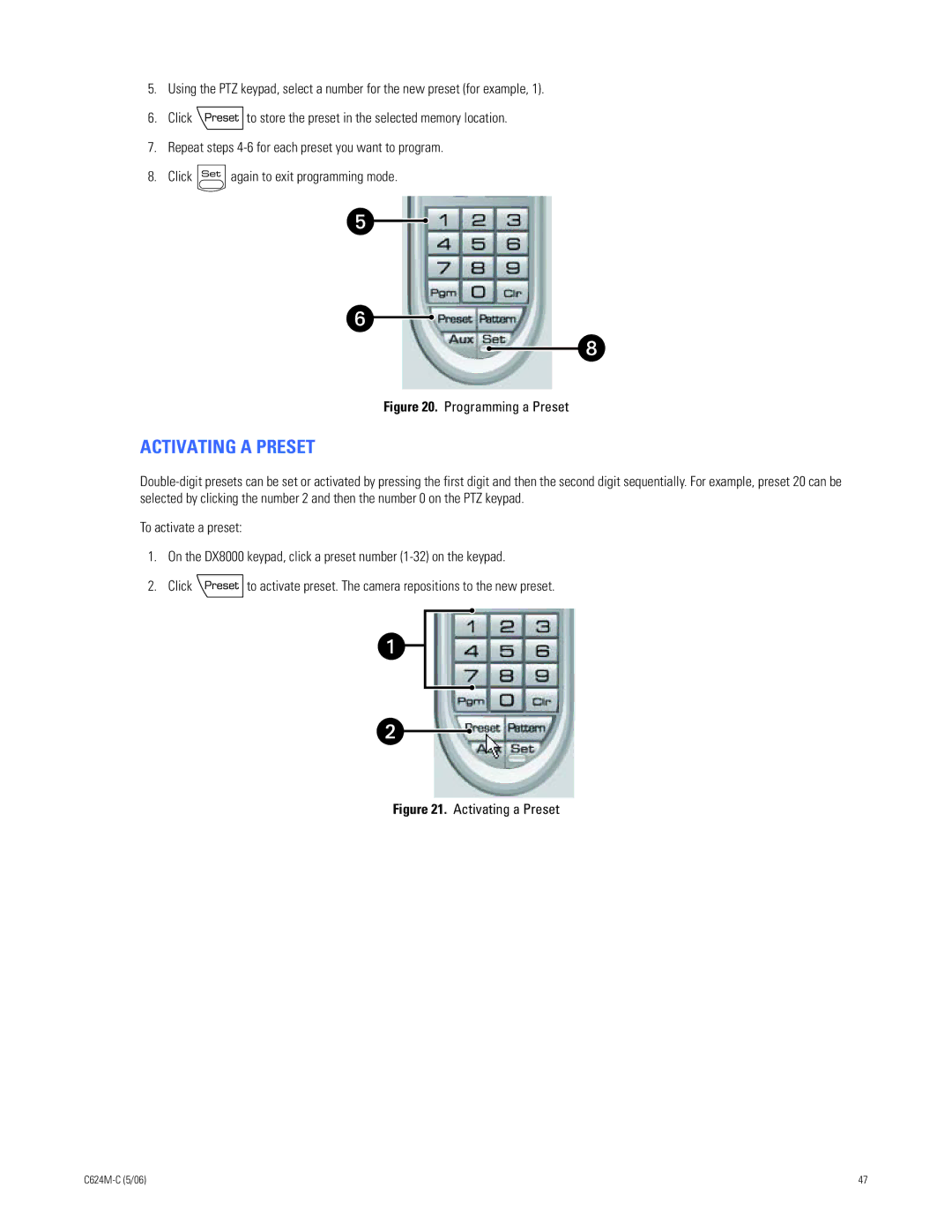 Pelco C624M-C (5/06) manual Activating a Preset, Programming a Preset 