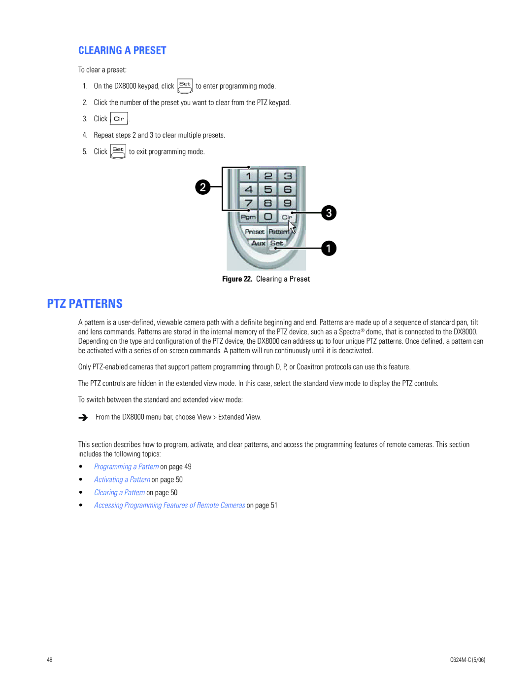 Pelco C624M-C (5/06) manual PTZ Patterns, Clearing a Preset 