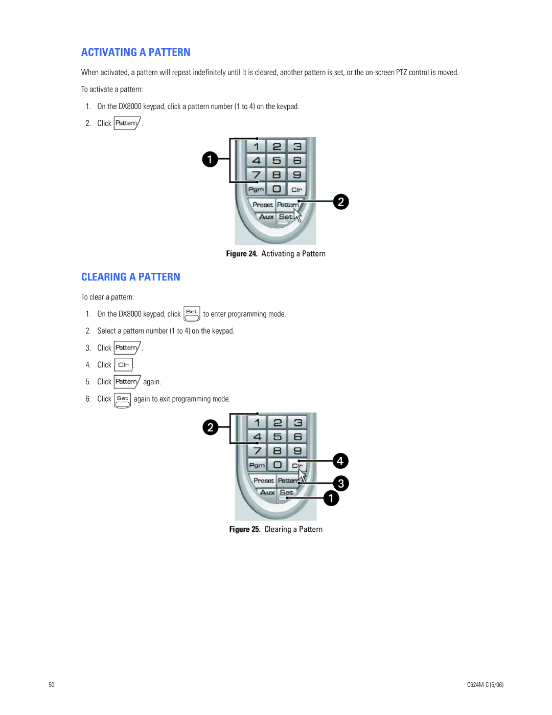 Pelco C624M-C (5/06) manual Activating a Pattern, Clearing a Pattern 