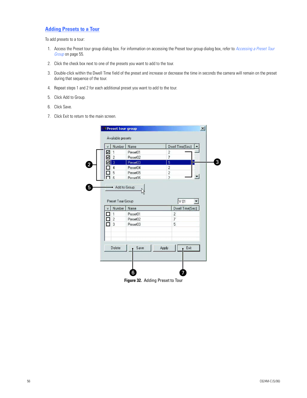 Pelco C624M-C (5/06) manual Adding Presets to a Tour, Adding Preset to Tour 