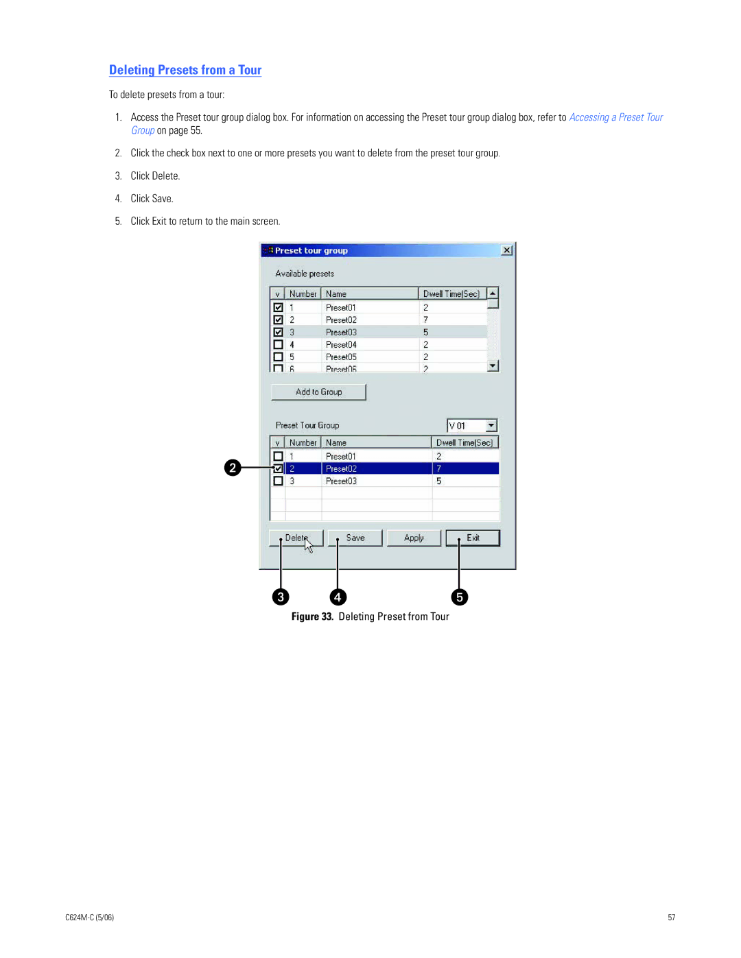 Pelco C624M-C (5/06) manual Deleting Presets from a Tour, Deleting Preset from Tour 