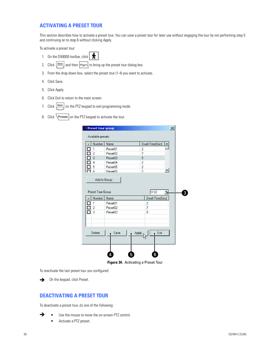 Pelco C624M-C (5/06) manual Activating a Preset Tour, Deactivating a Preset Tour 