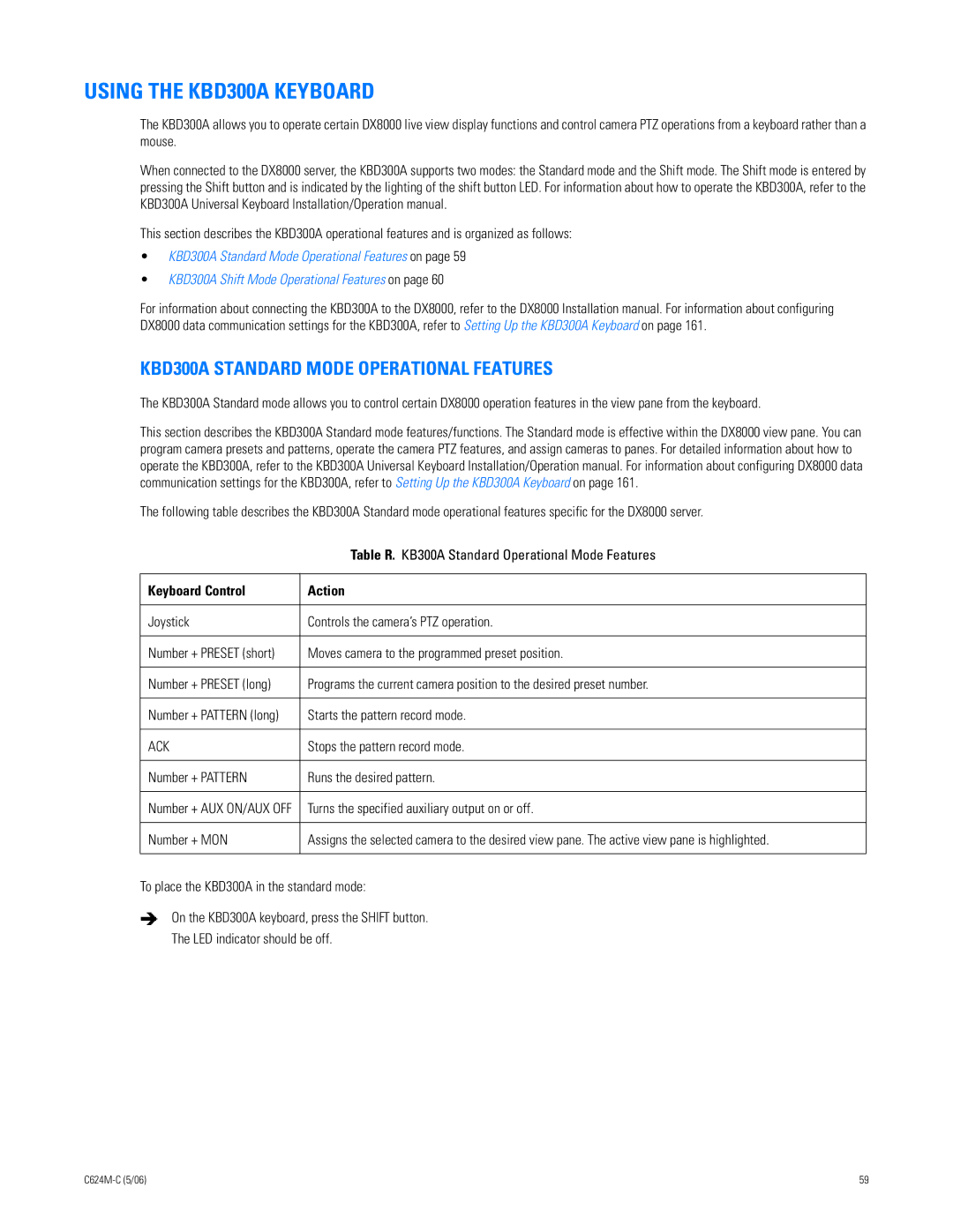 Pelco C624M-C (5/06) manual Using the KBD300A Keyboard, KBD300A Standard Mode Operational Features, Keyboard Control Action 