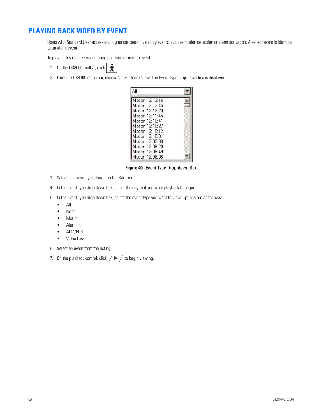 Pelco C624M-C (5/06) manual Playing Back Video by Event, Atm/Pos 