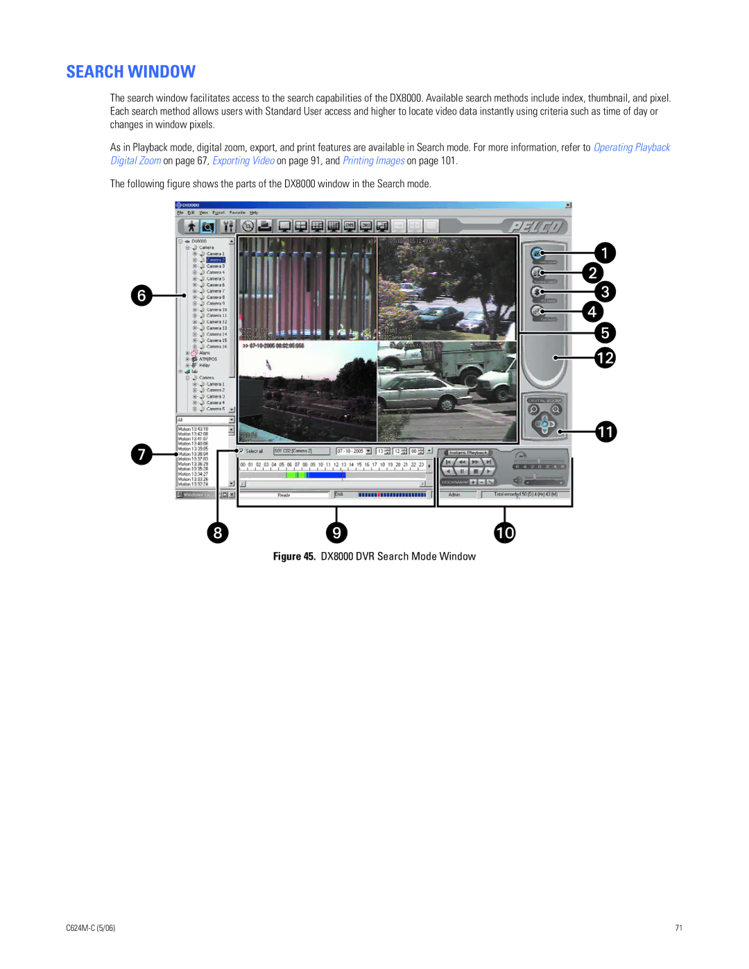 Pelco C624M-C (5/06) manual Search Window, DX8000 DVR Search Mode Window 