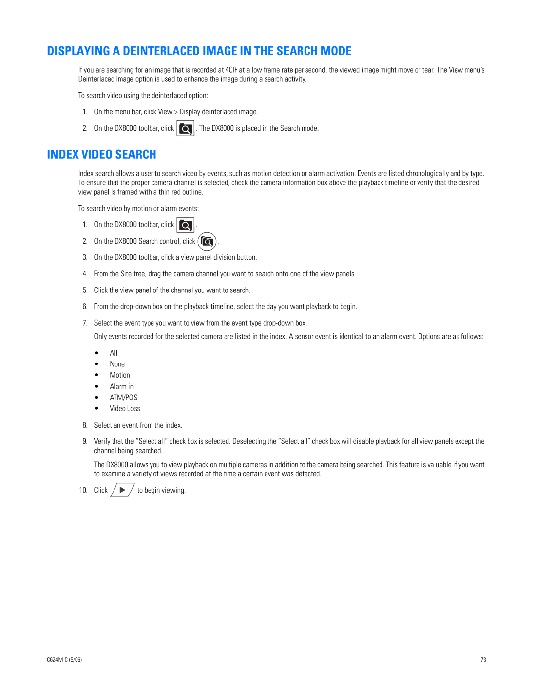 Pelco C624M-C (5/06) manual Displaying a Deinterlaced Image in the Search Mode, Index Video Search, All None Motion Alarm 