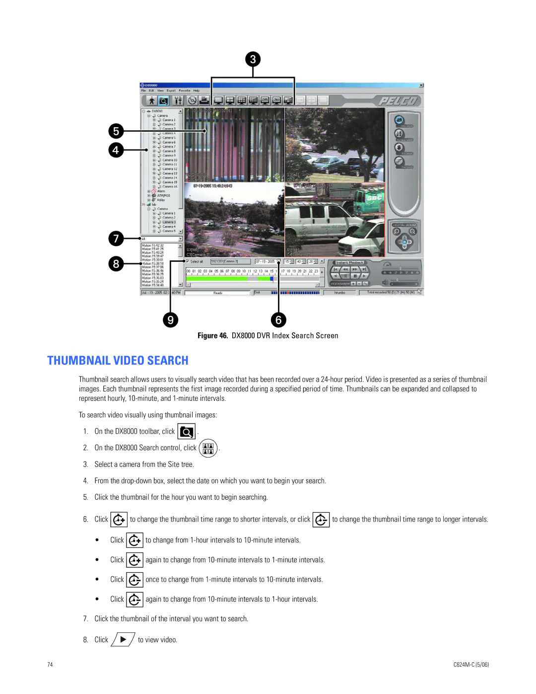 Pelco C624M-C (5/06) manual Thumbnail Video Search, DX8000 DVR Index Search Screen 