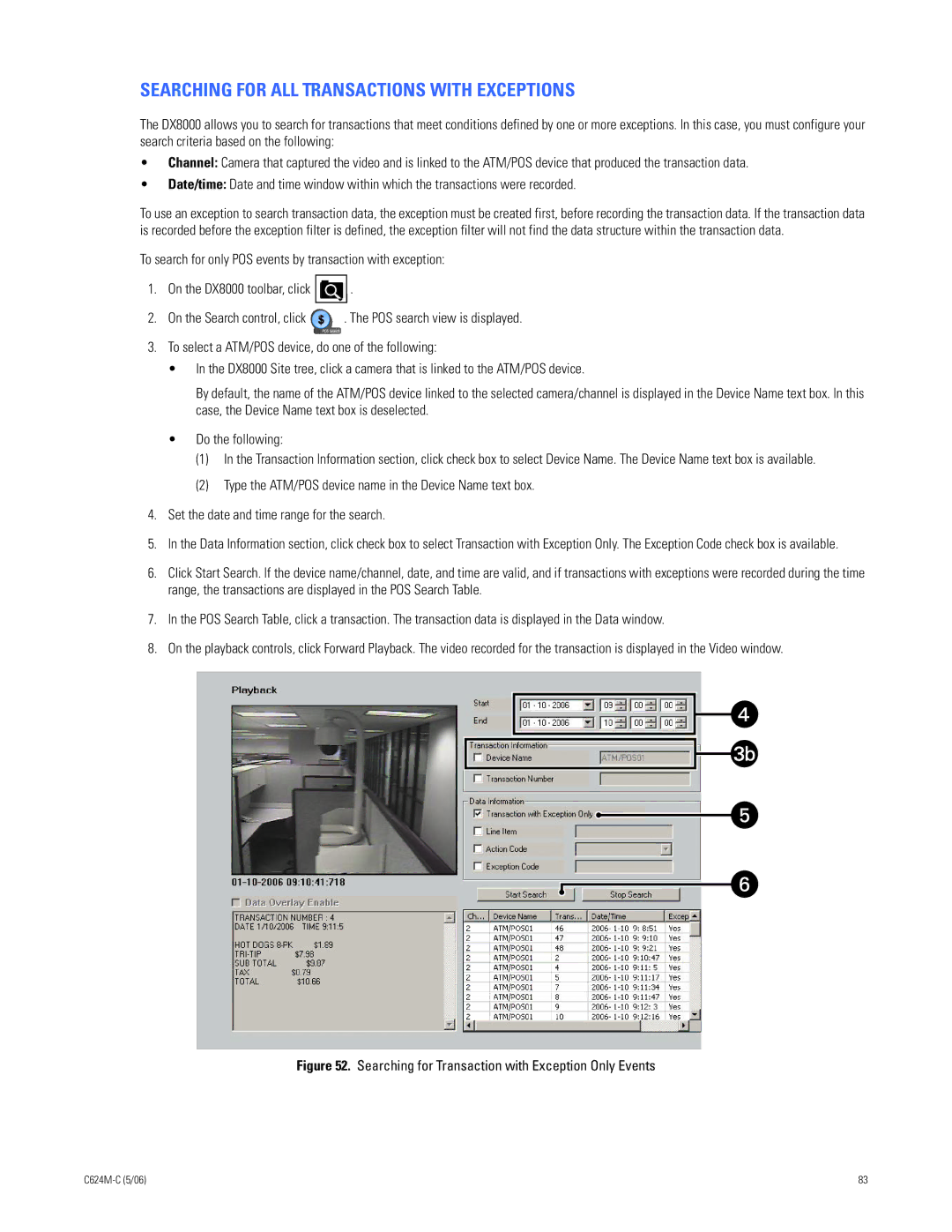 Pelco C624M-C (5/06) Searching for ALL Transactions with Exceptions, Searching for Transaction with Exception Only Events 