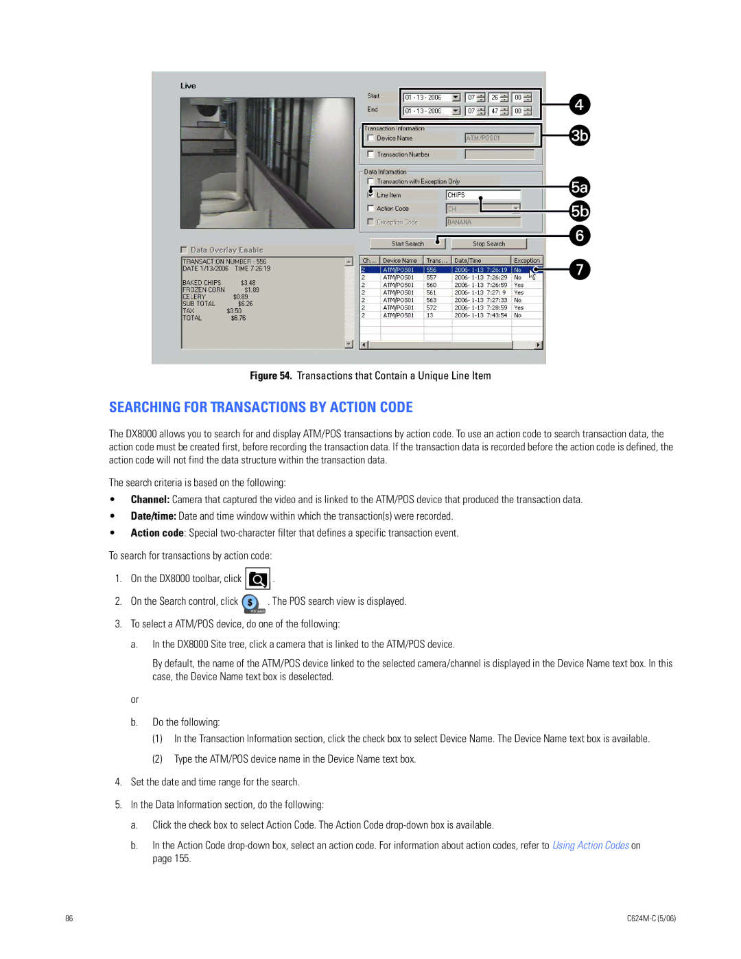 Pelco C624M-C (5/06) manual Searching for Transactions by Action Code, Transactions that Contain a Unique Line Item 