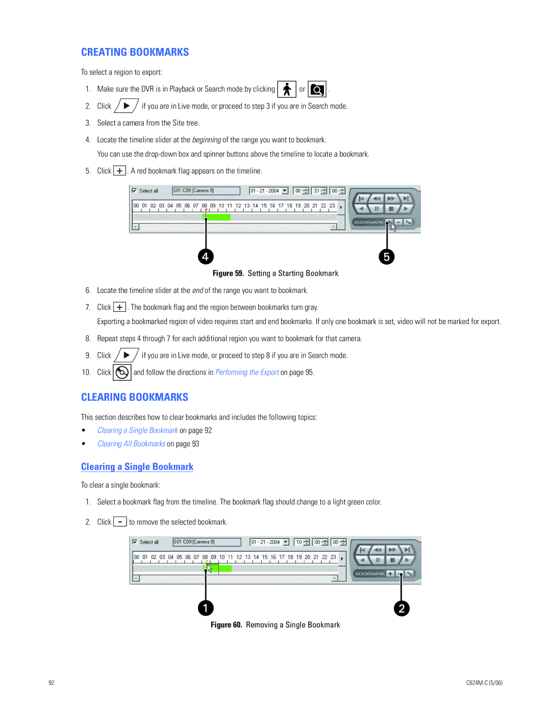 Pelco C624M-C (5/06) manual Creating Bookmarks, Clearing Bookmarks, Clearing a Single Bookmark 