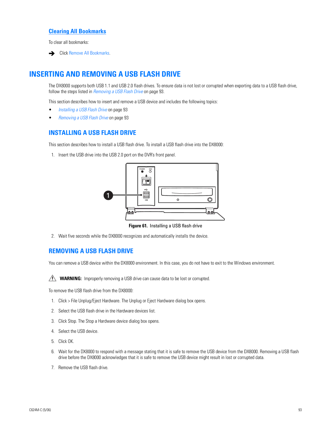 Pelco C624M-C (5/06) manual Inserting and Removing a USB Flash Drive, Installing a USB Flash Drive, Clearing All Bookmarks 