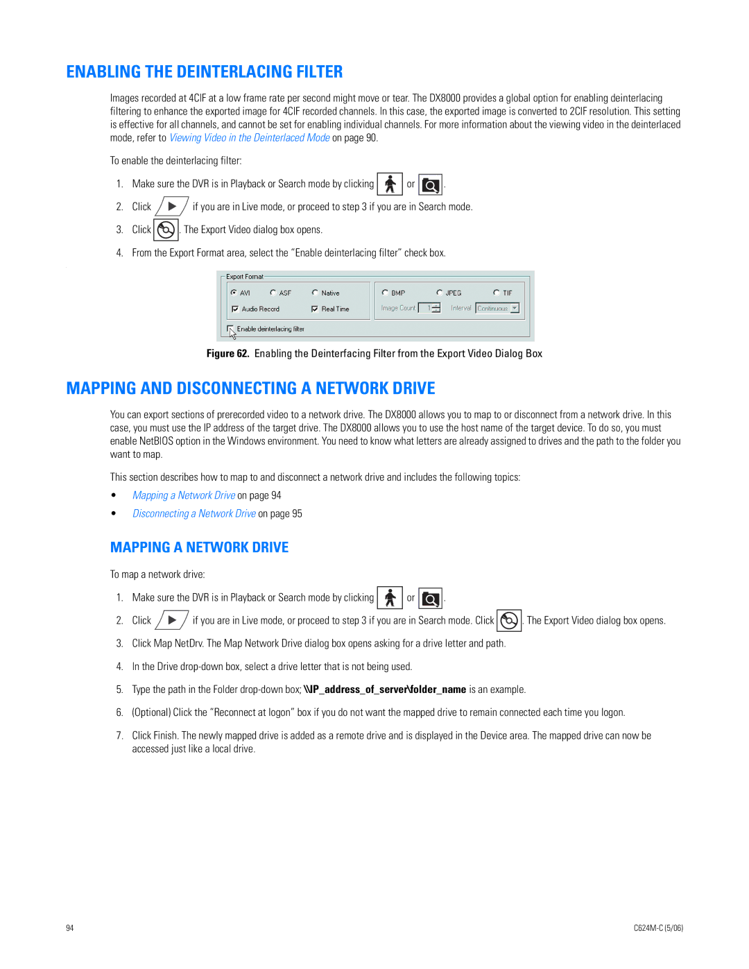 Pelco C624M-C (5/06) Enabling the Deinterlacing Filter, Mapping and Disconnecting a Network Drive, Mapping a Network Drive 