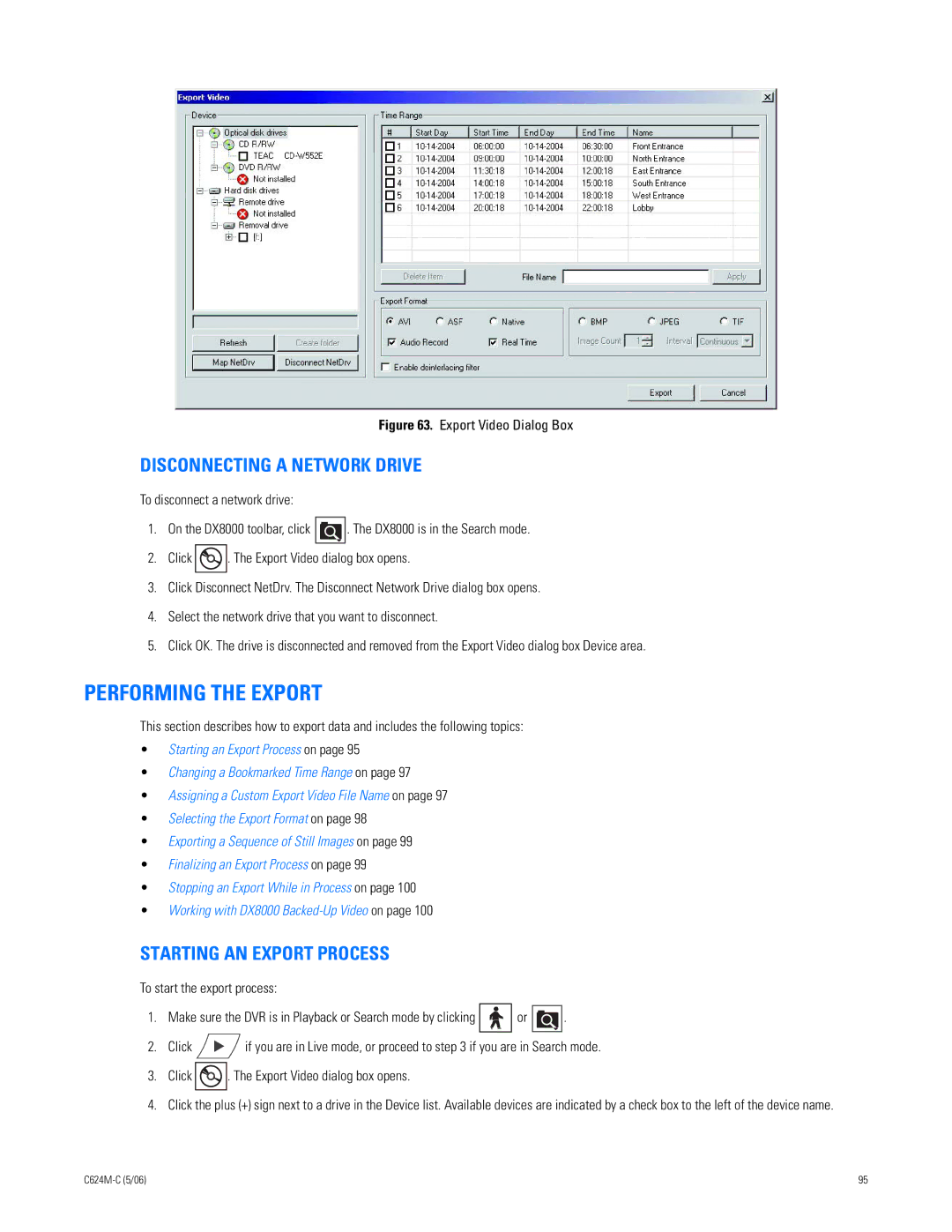 Pelco C624M-C (5/06) manual Performing the Export, Disconnecting a Network Drive, Starting AN Export Process 