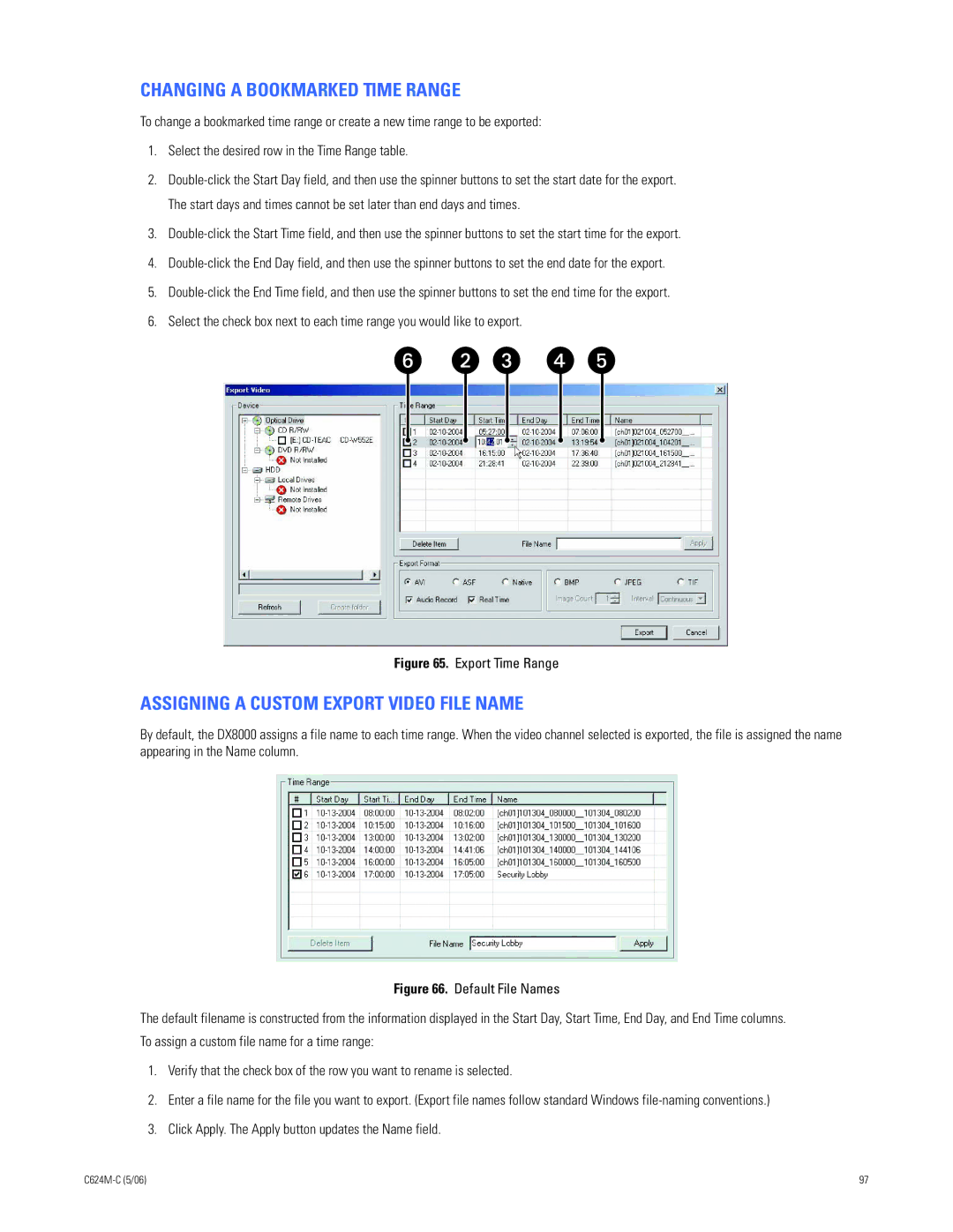 Pelco C624M-C (5/06) manual Changing a Bookmarked Time Range, Assigning a Custom Export Video File Name 