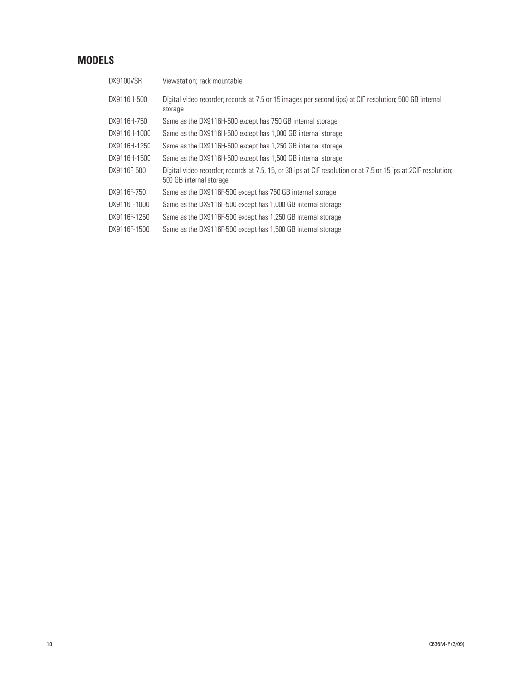 Pelco C636M-F manual Models, DX9100VSR 