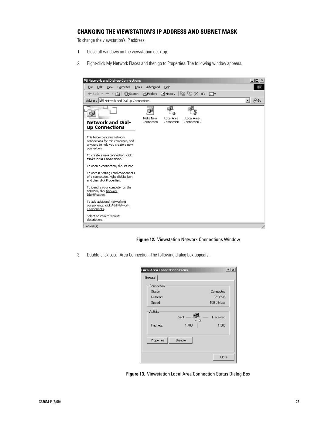 Pelco C636M-F Changing the VIEWSTATION’S IP Address and Subnet Mask, Viewstation Local Area Connection Status Dialog Box 