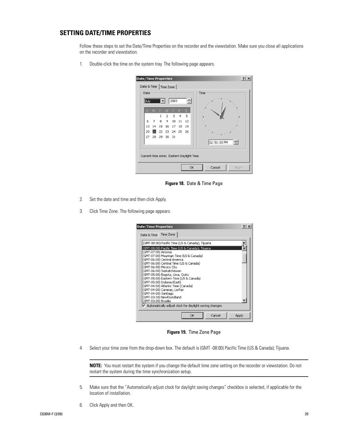 Pelco C636M-F manual Setting DATE/TIME Properties, Time Zone 