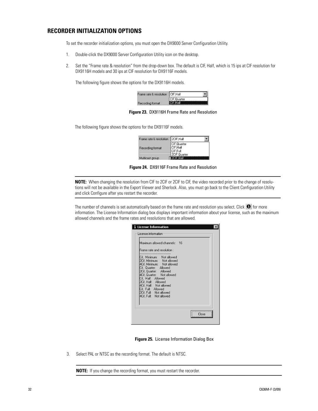 Pelco C636M-F manual Recorder Initialization Options, DX9116F Frame Rate and Resolution 