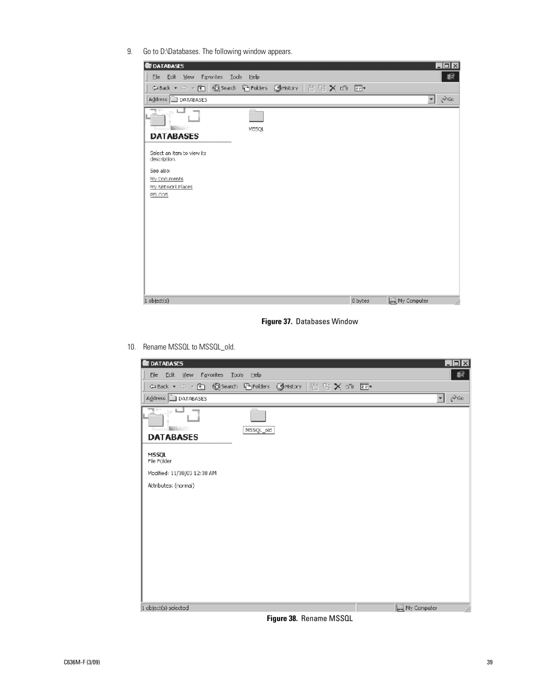 Pelco C636M-F manual Databases Window Rename Mssql to MSSQLold 