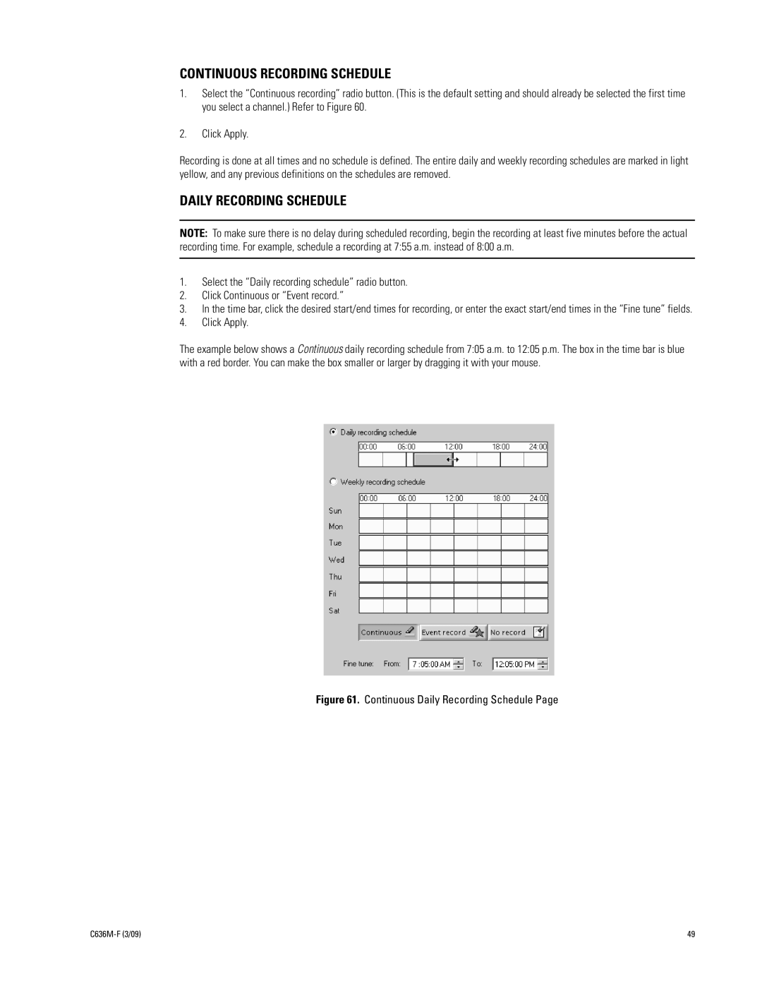 Pelco C636M-F manual Continuous Recording Schedule, Daily Recording Schedule 