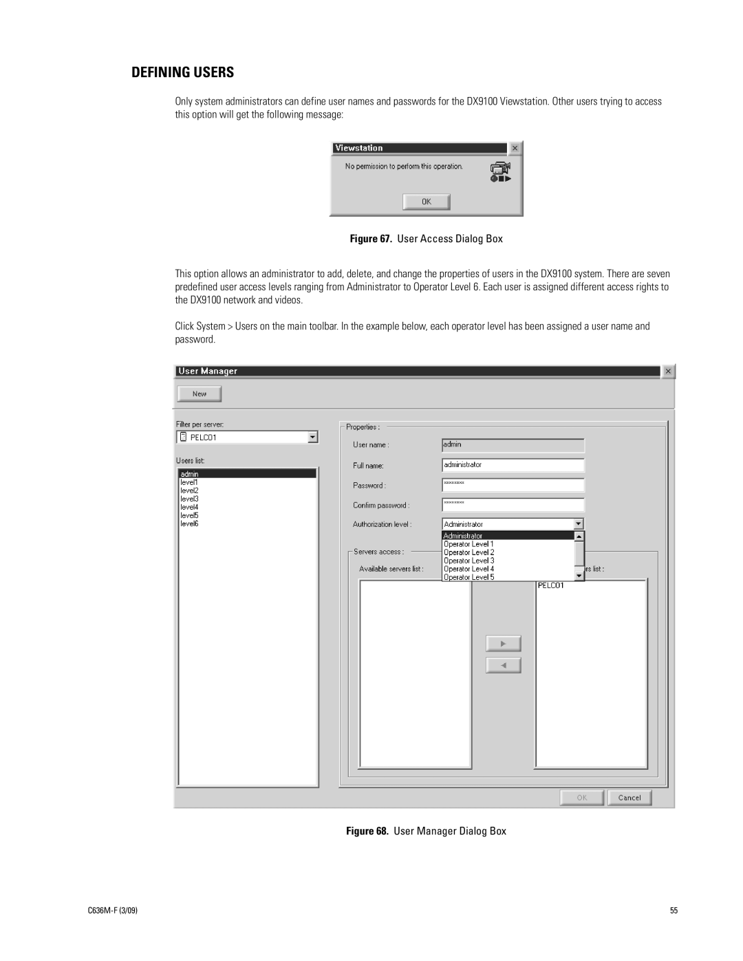 Pelco C636M-F manual Defining Users, User Manager Dialog Box 