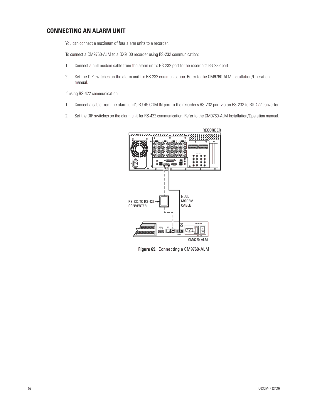 Pelco C636M-F manual Connecting AN Alarm Unit, Recorder 