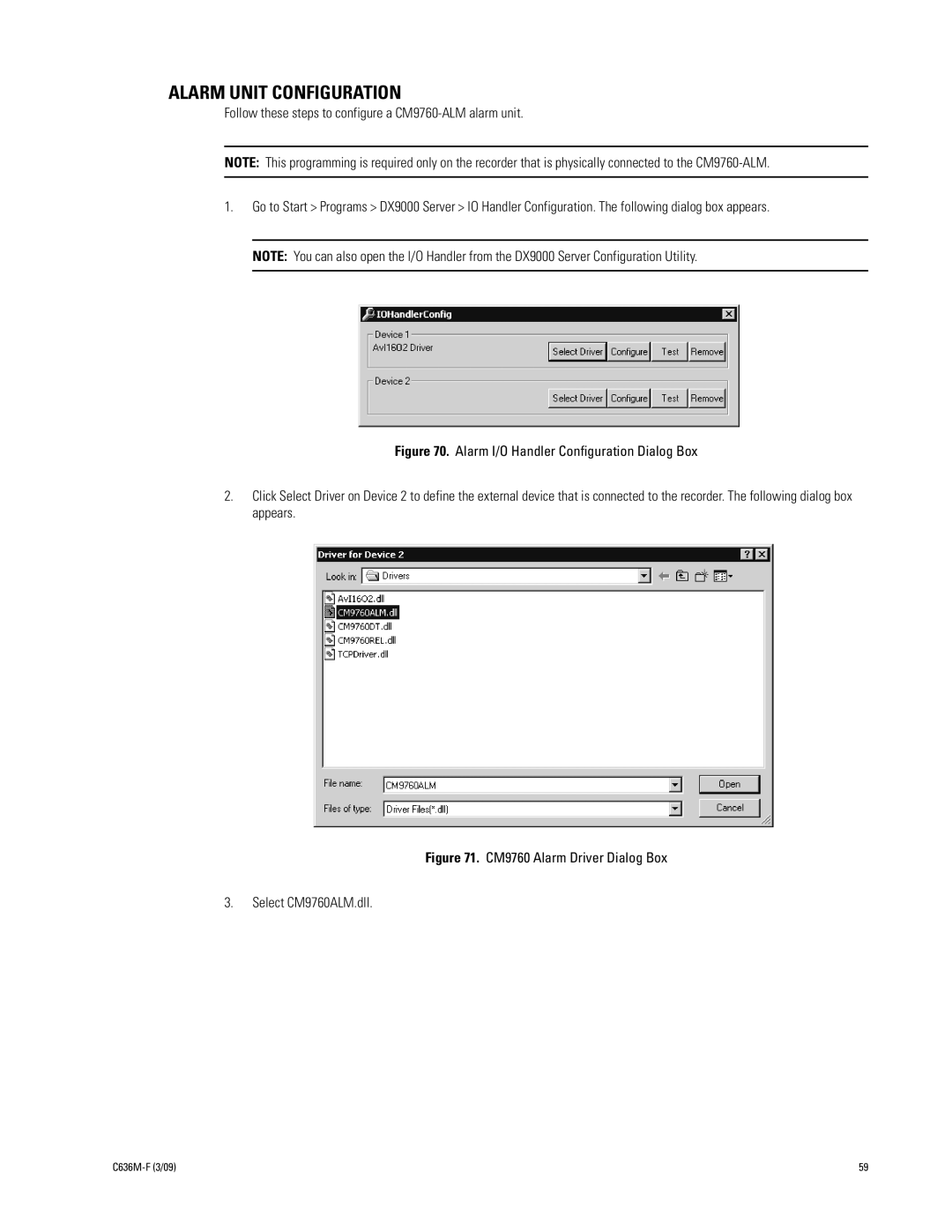 Pelco C636M-F manual Alarm Unit Configuration, CM9760 Alarm Driver Dialog Box Select CM9760ALM.dll 