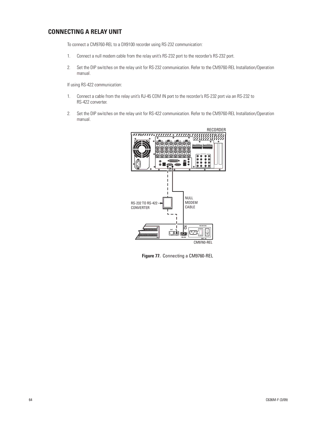 Pelco C636M-F manual Connecting a Relay Unit, Connecting a CM9760-REL 