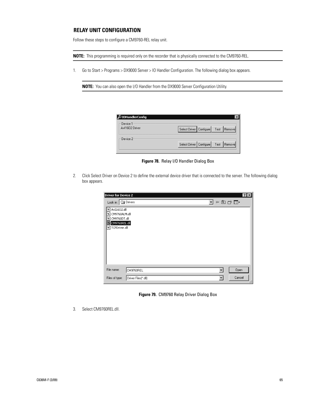 Pelco C636M-F manual Relay Unit Configuration, CM9760 Relay Driver Dialog Box Select CM9760REL.dll 