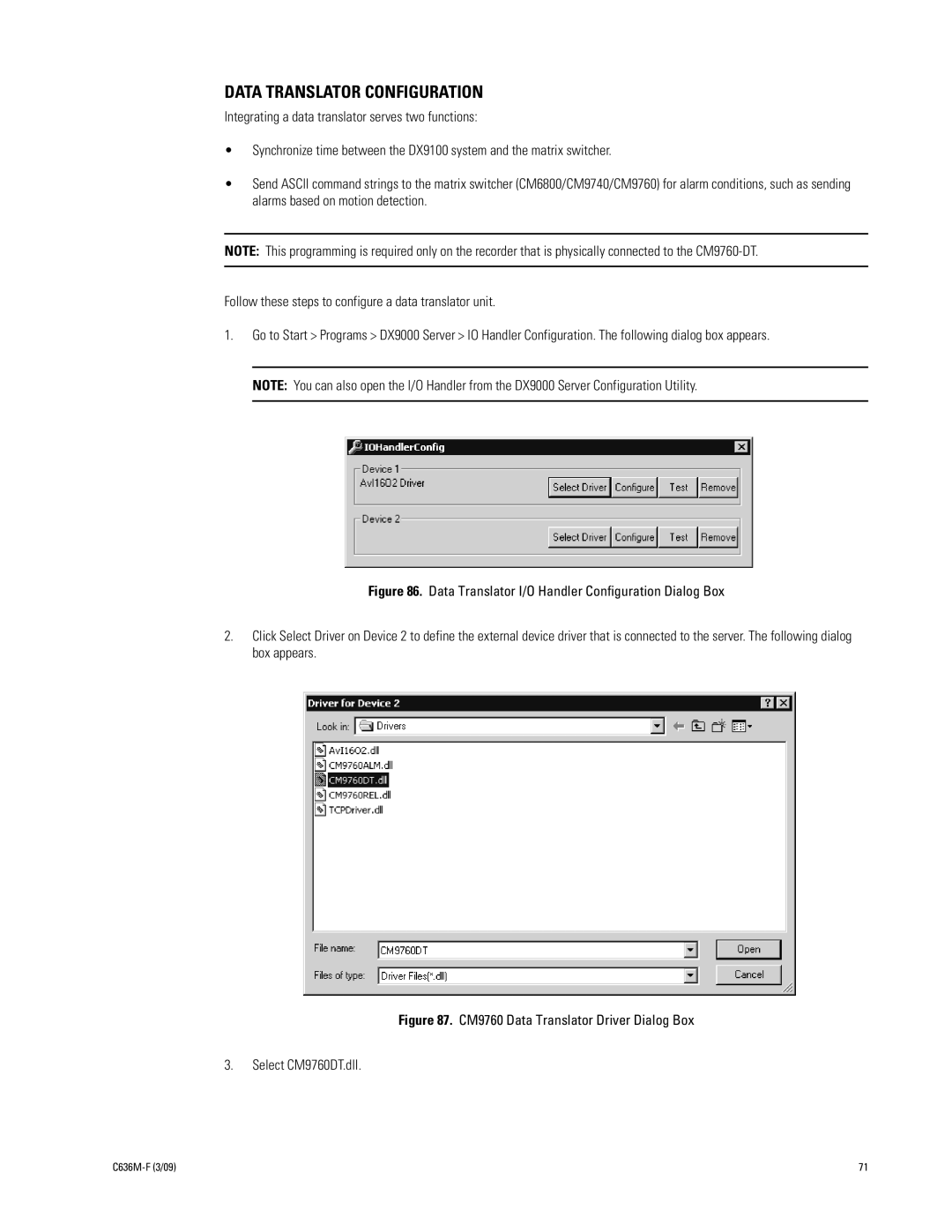 Pelco C636M-F manual Data Translator Configuration, CM9760 Data Translator Driver Dialog Box Select CM9760DT.dll 