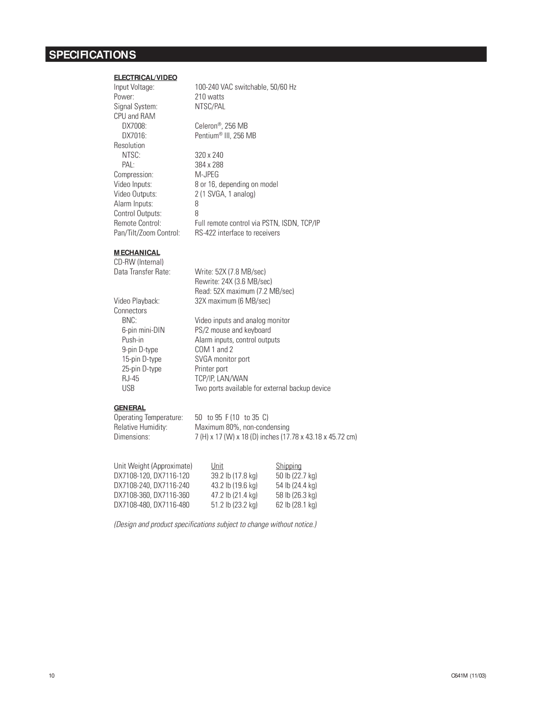 Pelco C641M (11/03) installation manual Specifications, Electrical/Video 