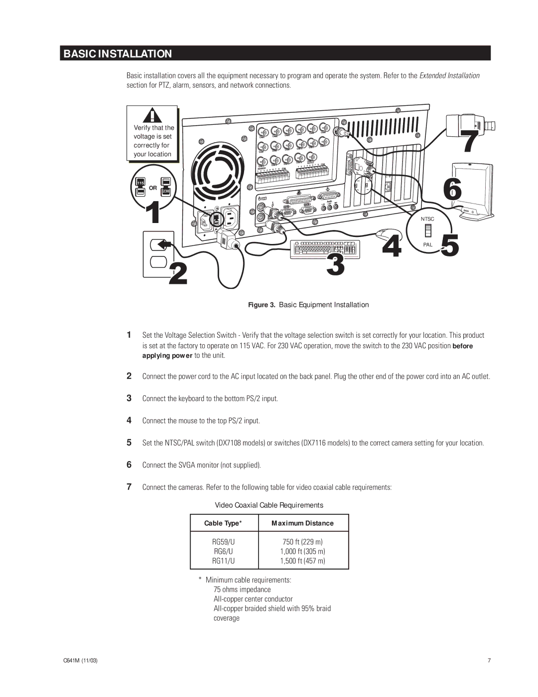 Pelco C641M (11/03) installation manual Basic Installation, Cable Type Maximum Distance 