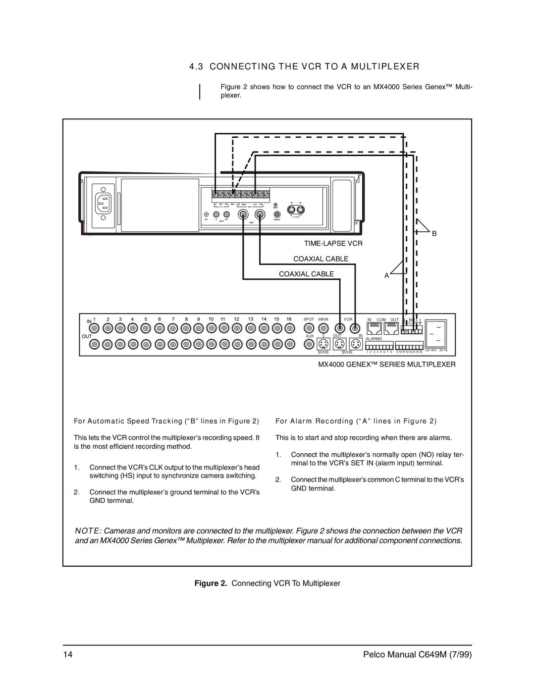 Pelco c649m Connecting the VCR to a Multiplexer, TIME-LAPSE VCR Coaxial Cable, MX4000 Genex Series Multiplexer 