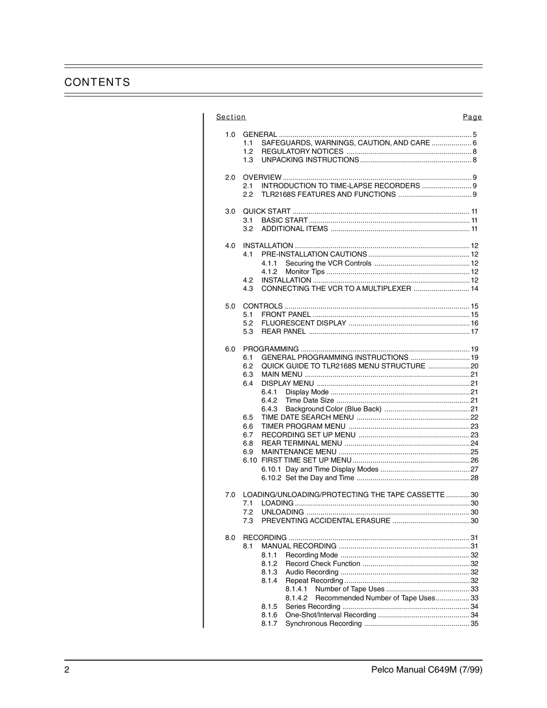 Pelco c649m operation manual Contents 