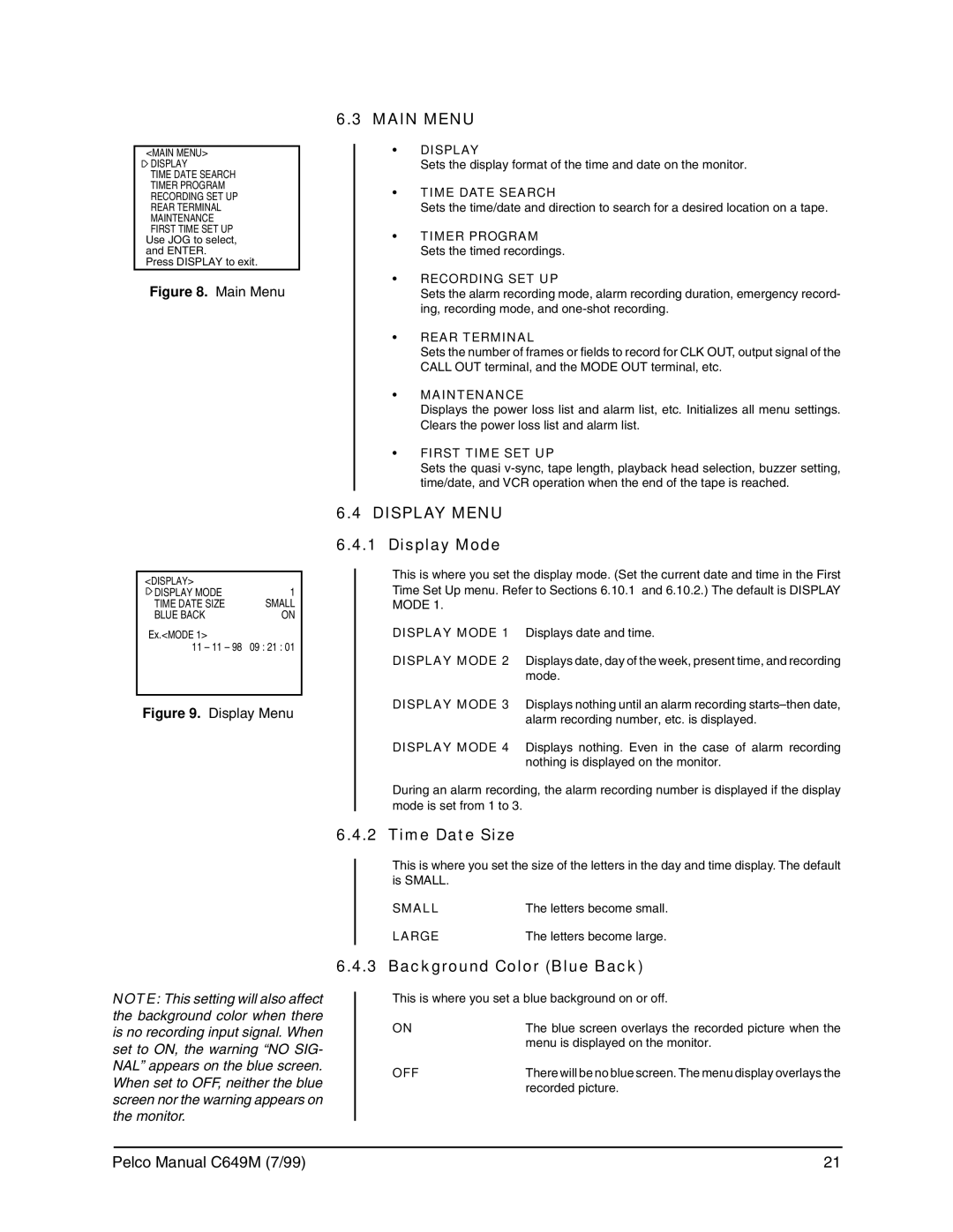 Pelco c649m operation manual Main Menu, Display Menu 6.4.1 Display Mode, Time Date Size, Background Color Blue Back 