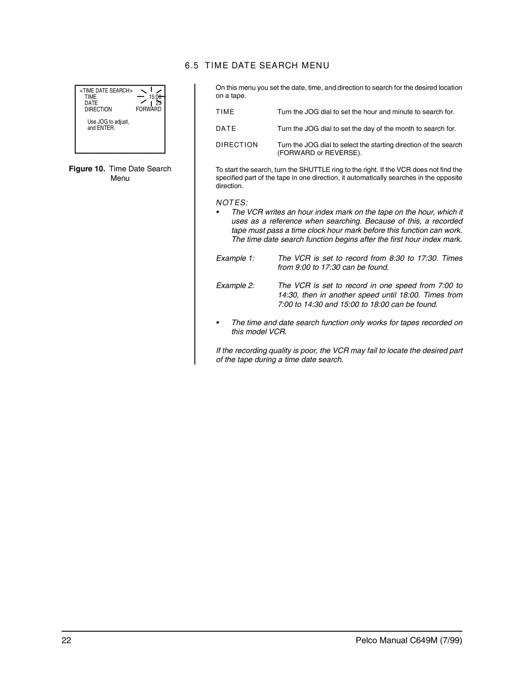 Pelco c649m operation manual Time Date Search Menu, Direction 