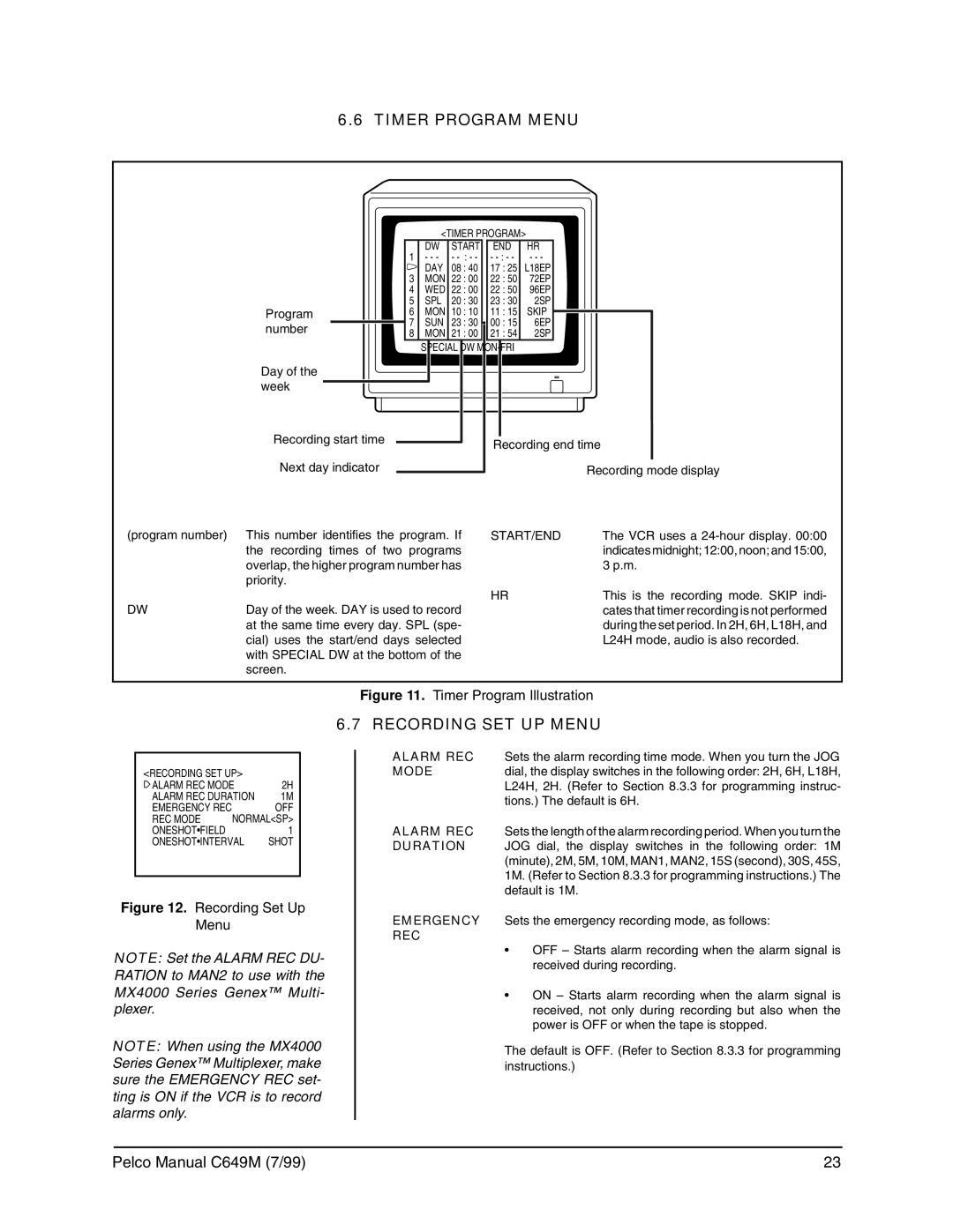 Pelco c649m operation manual Timer Program Menu, Recording SET UP Menu, Start/End 