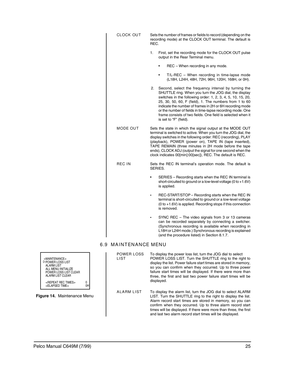 Pelco c649m operation manual Maintenance Menu, Clock OUT, Rec, Mode OUT, Series 