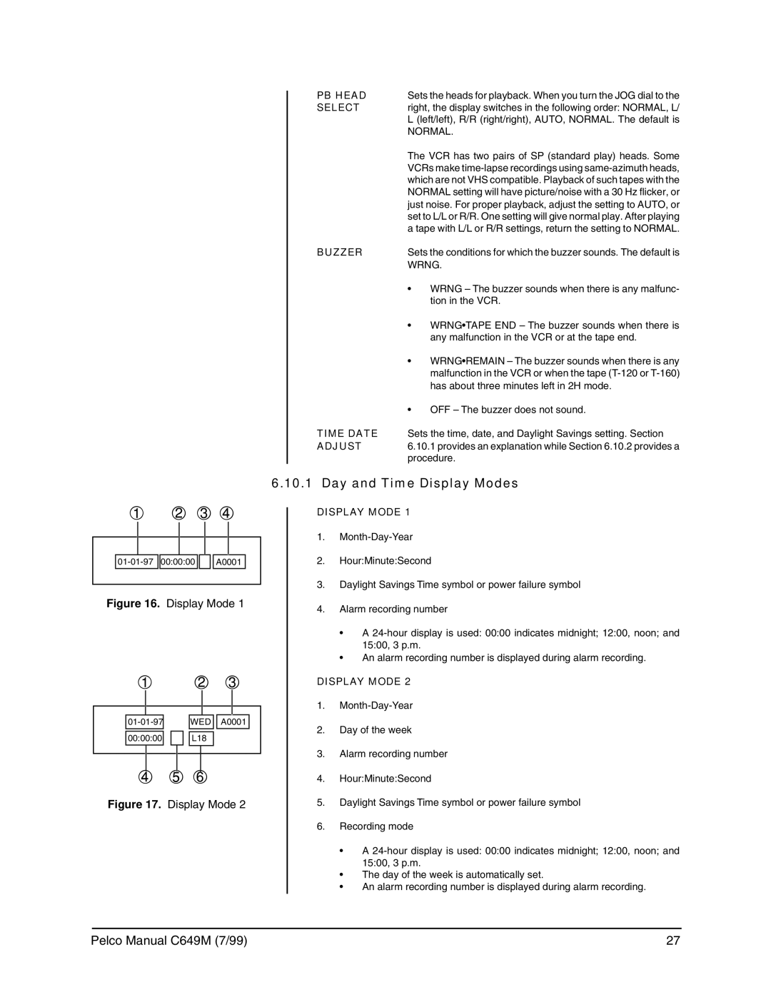 Pelco c649m operation manual Day and Time Display Modes 