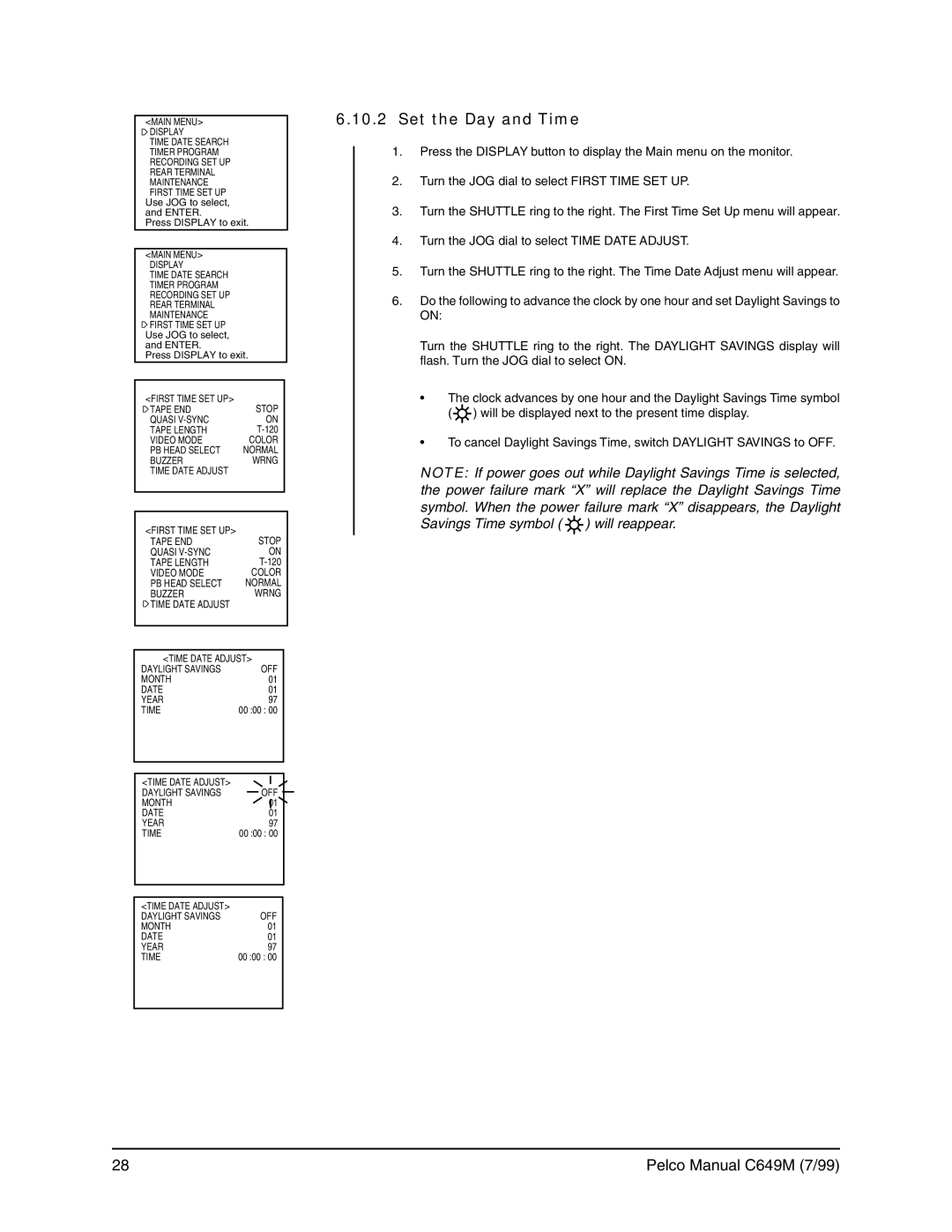 Pelco c649m operation manual Set the Day and Time 