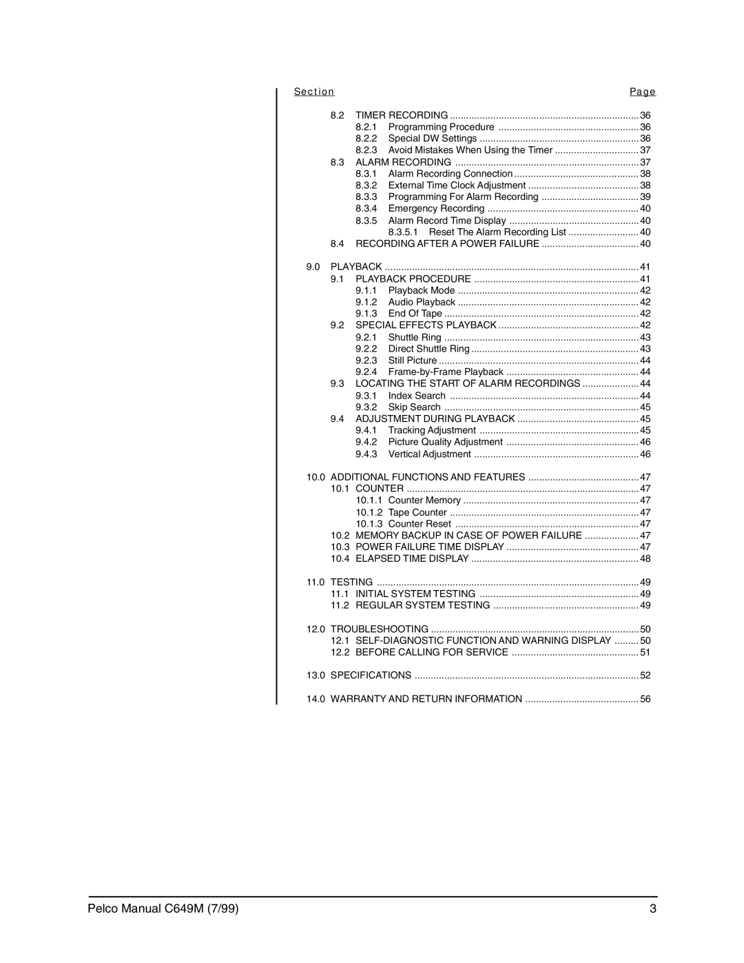 Pelco c649m Timer Recording, Alarm Recording, Recording After a Power Failure Playback Playback Procedure, Counter 