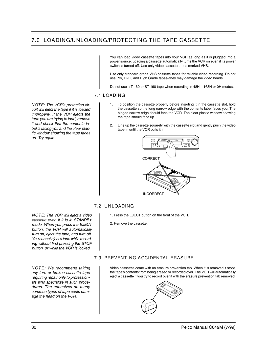 Pelco c649m LOADING/UNLOADING/PROTECTING the Tape Cassette, Loading, Unloading, Preventing Accidental Erasure 