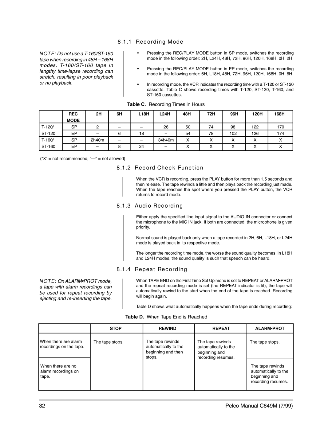 Pelco c649m operation manual Recording Mode, Record Check Function, Audio Recording, Repeat Recording 