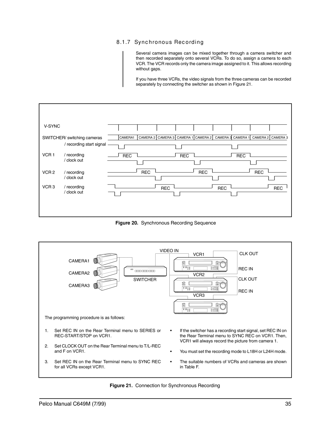 Pelco c649m operation manual Synchronous Recording, Vcr, Rec Rec Rec 