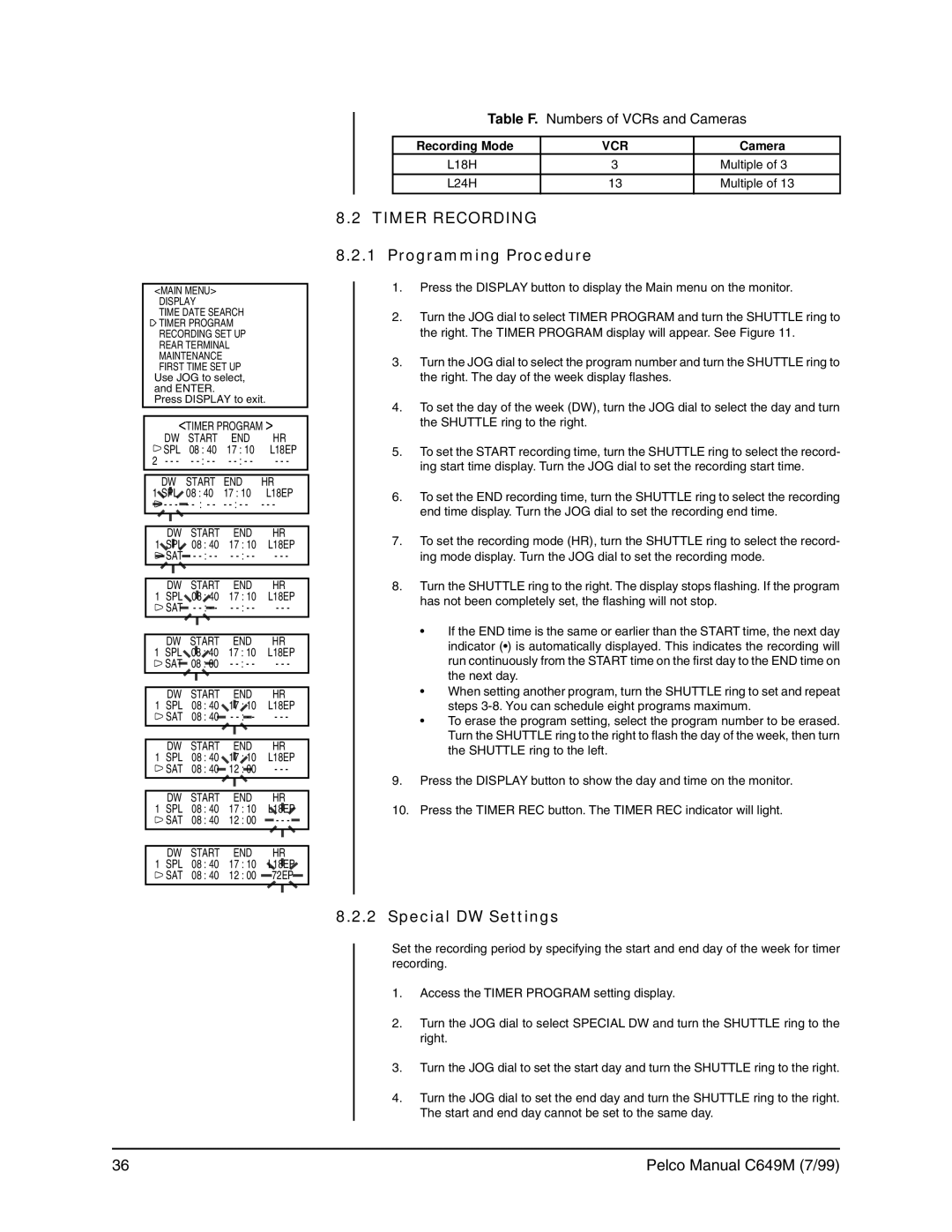 Pelco c649m operation manual Timer Recording, Programming Procedure, Special DW Settings, Vcr 