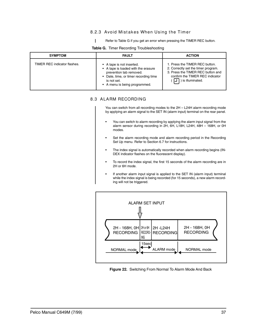 Pelco c649m operation manual Avoid Mistakes When Using the Timer, Alarm Recording, Symptom Fault Action 